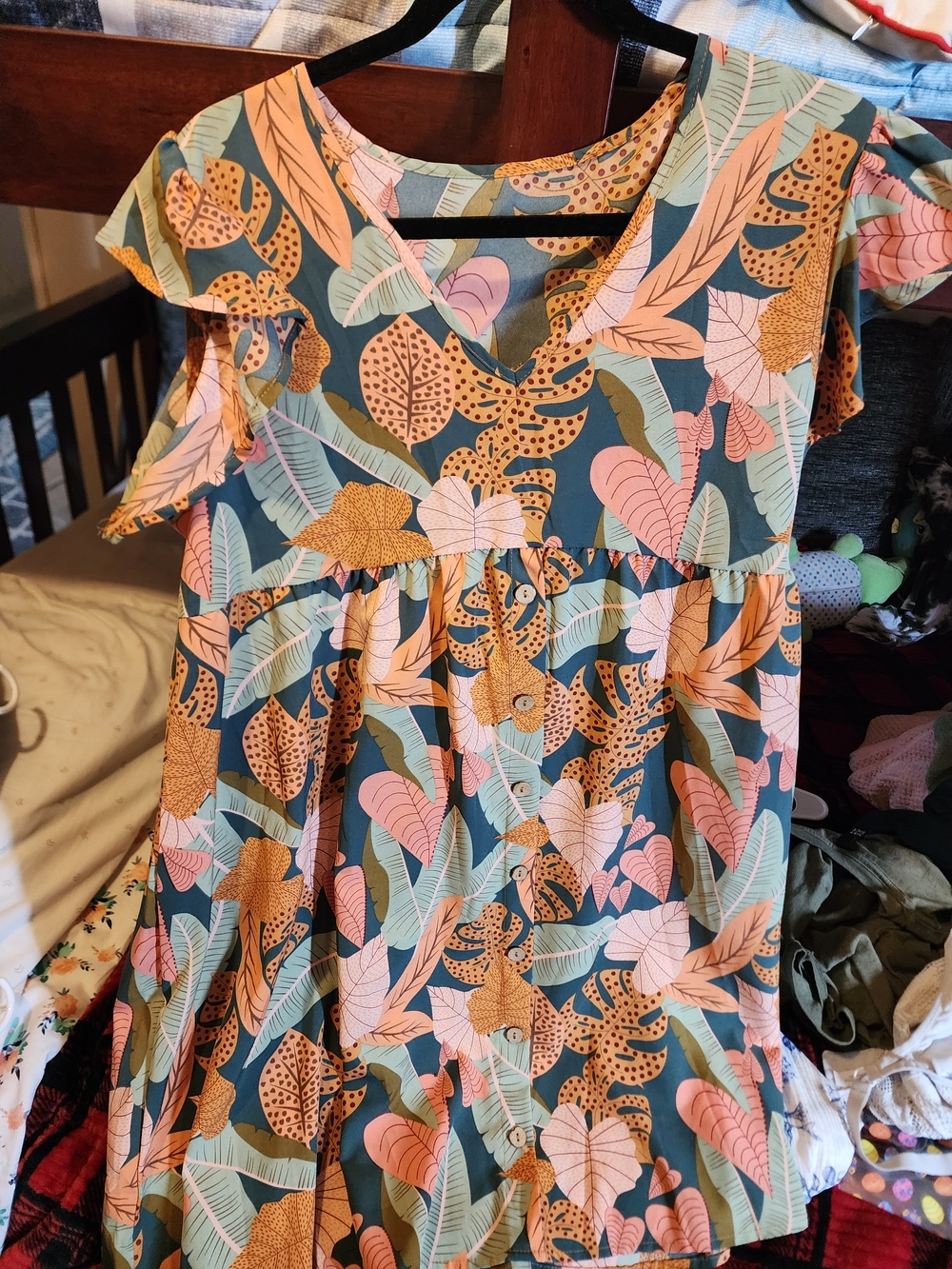 Tropical Leaf Print Button-Front Dress - Pink & Teal